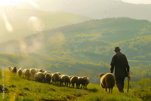 Shepherd guiding small flock of sheep across gree