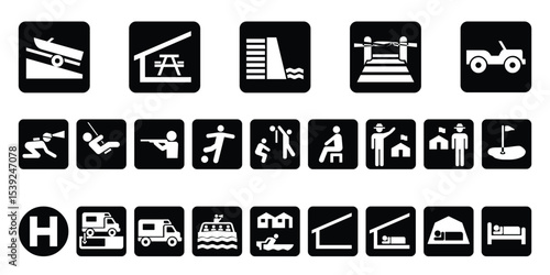 Outdoor Recreation and Facility Icon Set – Camping, Boating, RV, Picnic, Bridge, Fishing, Sports, Hospital, Visitor Center, Accessible Area – Vector Symbols Collection


