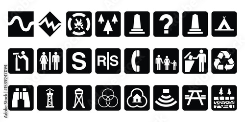 Outdoor Facility and Amenity Symbol Set – Vector Icons for Trails, Fire Pits, Forest, Historical Markers, Info Points, Camping, Restrooms, Services, Viewing Areas, Towers, Shelters, Picnic, 