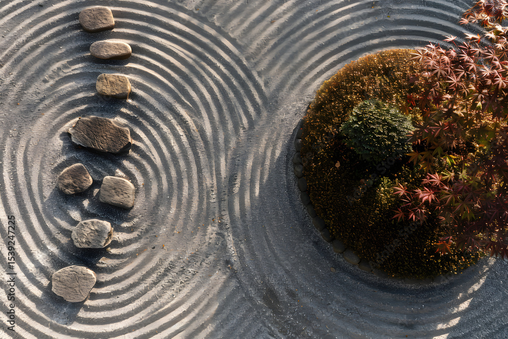 Naklejka premium Top-down view of perfectly raked zen garden with 