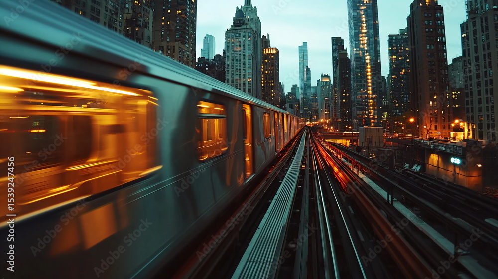 Fototapeta premium Elevated train moving at dusk among city skyline. Urban public transport at night. Commute and modern city life concept.