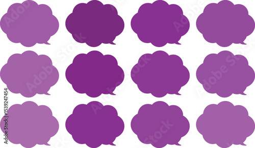 All the bubbles have a distinctive, rounded, cloud-like, or scalloped edge design. This vector image features twelve speech bubbles.