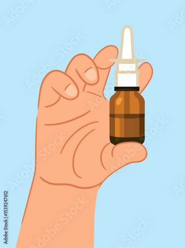 Illustration of a hand holding a spray bottle on a blue background. Vector style, minimalism.
Nose drops in your hand on a blue background. Seasonal allergies.