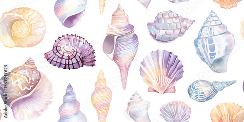 Assorted Coastal Seashells and Conch Shells Watercolor Seamless Pattern. Ocean Beach Marine Life Design for textile, packaging, fabric, wallpaper, branding, stationery, wrapping paper interior decor