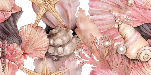 Enchanting Ocean Starfish, Seashells, Coral, and Pearls Seamless Pattern. Coastal Marine Life Design for textile, packaging, fabric, wallpaper, branding, stationery, wrapping paper interior decor