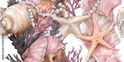 Enchanting Ocean Starfish, Seashells, Coral, and Pearls Seamless Pattern. Coastal Marine Life Design for textile, packaging, fabric, wallpaper, branding, stationery, wrapping paper interior decor