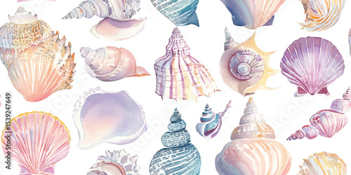 Assorted Coastal Seashells and Conch Shells Watercolor Seamless Pattern. Ocean Beach Marine Life Design for textile, packaging, fabric, wallpaper, branding, stationery, wrapping paper interior decor