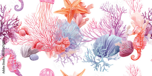 Vibrant Underwater Seahorses, Coral Reef, Marine Life Watercolor Seamless Pattern. Ocean Botanical Design for textile, packaging, fabric, wallpaper, branding, stationery, wrapping paper interior decor