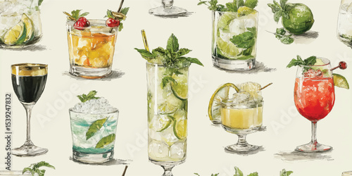 Assorted Classic Cocktails, Mojitos, Summer Drinks Seamless Pattern. Elegant Bar and Beverage Design for textile, packaging, fabric, wallpaper, branding, stationery, wrapping paper interior decor.