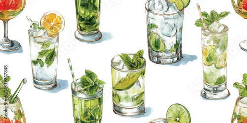 Refreshing Mojitos Minty Cocktails Watercolor Seamless Pattern. Summer Drinks and Citrus Beverage Design for textile, packaging, fabric, wallpaper, branding, stationery, wrapping paper interior decor