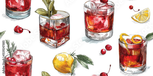 Elegant Negroni Classic Cocktails Seamless Pattern. Sophisticated Alcoholic Drinks and Barware Design for textile, packaging, fabric, wallpaper, branding, stationery, wrapping paper interior decor.
