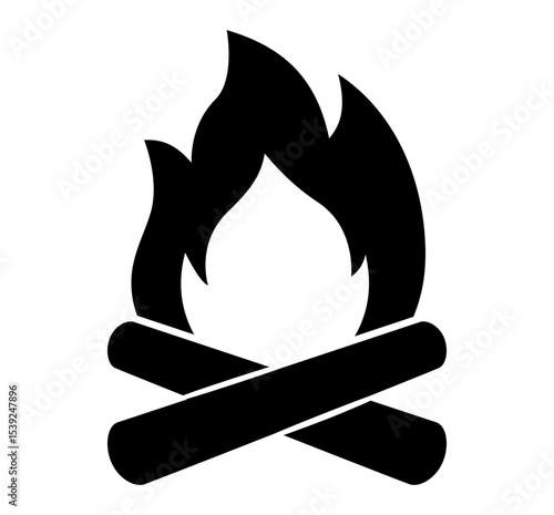 Black silhouette of campfire with flame and logs icon. Clipart image isolated on background.
