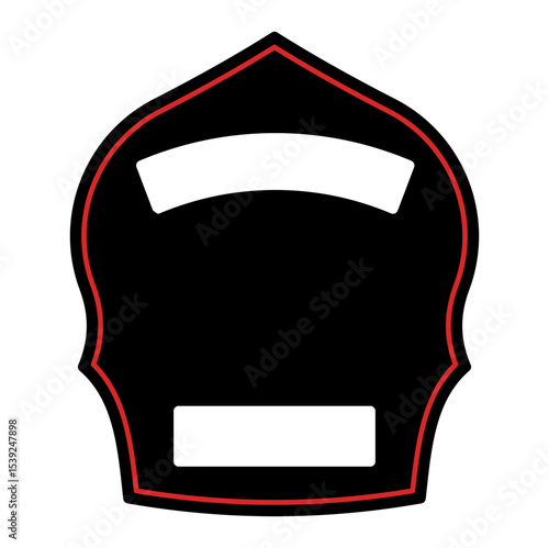 Firefighter helmet shield icon in black and red with blank banner. Clipart image isolated on background.