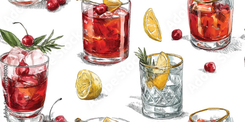 Elegant Negroni Classic Cocktails Seamless Pattern. Sophisticated Alcoholic Drinks and Barware Design for textile, packaging, fabric, wallpaper, branding, stationery, wrapping paper interior decor.