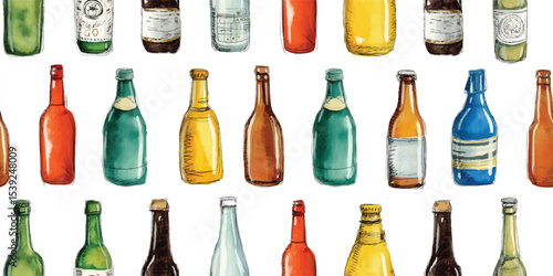 Assorted Beer Bottles Hand-Drawn Seamless Pattern. Various Alcoholic Beverages and Drinkware Design for textile, packaging, fabric, wallpaper, branding, stationery, wrapping paper interior decor.