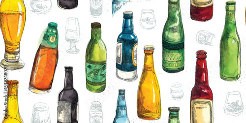 Assorted Beer Bottles Hand-Drawn Seamless Pattern. Various Alcoholic Beverages and Drinkware Design for textile, packaging, fabric, wallpaper, branding, stationery, wrapping paper interior decor.