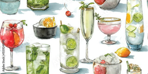 Assorted Summer Cocktails Fruity Drinks Watercolor Seamless Pattern. Vibrant Beverages and Citrus Design for textile, packaging, fabric, wallpaper, branding, stationery, wrapping paper interior decor.