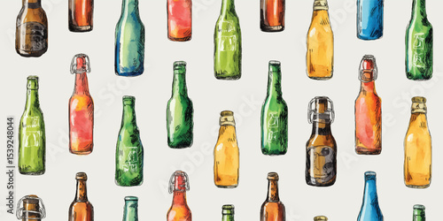 Assorted Beer Bottles Hand-Drawn Seamless Pattern. Various Alcoholic Beverages and Drinkware Design for textile, packaging, fabric, wallpaper, branding, stationery, wrapping paper interior decor.