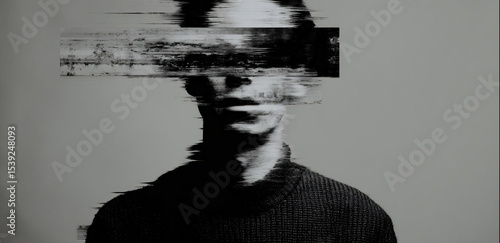 Man with face hidden by digital glitch effect. Anonymity and data distortion concept for technology and cybersecurity. Black and white, noir. Abstract illustration with vintage effect.