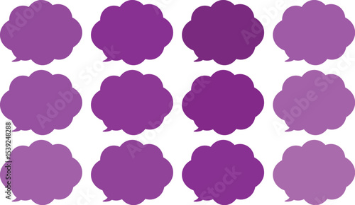 All the bubbles have a distinctive, rounded, cloud-like, or scalloped edge design. This vector image features twelve speech bubbles.