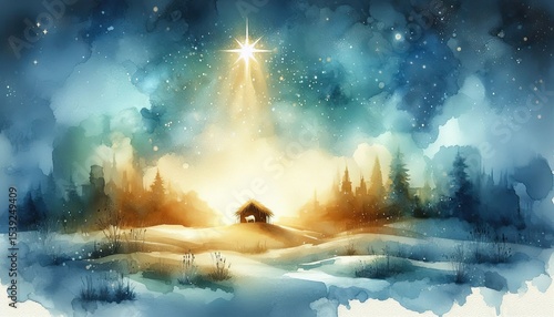 Watercolor christmas nativity scene with star of bethlehem art
