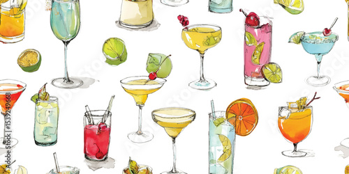 Classic Cocktails, Margaritas, Cosmopolitans Watercolor Seamless Pattern. Drinks, Elegant Barware Design for textile, packaging, fabric, wallpaper, branding, stationery, wrapping paper interior decor.