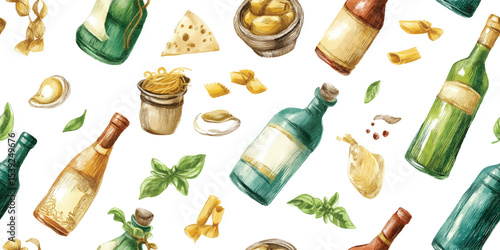 Italian Wine, Pasta, and Fresh Herbs Seamless Pattern. Gourmet Food and Beverage Culinary Design for textile, packaging, fabric, wallpaper, branding, stationery, wrapping paper interior decor.