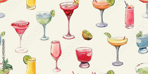Classic Cocktails, Margaritas, Cosmopolitans Watercolor Seamless Pattern. Drinks, Elegant Barware Design for textile, packaging, fabric, wallpaper, branding, stationery, wrapping paper interior decor.
