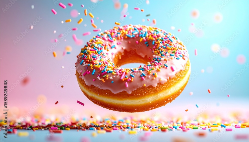 Donut falling with sprinkles in the air. Ideal for dessert ads, bakery branding, or playful snack visuals. Donut falling with sprinkles in the air. Ideal for dessert ads, bakery branding, or playful snack visuals.