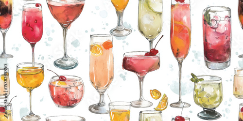 Classic Cocktails, Margaritas, Cosmopolitans Watercolor Seamless Pattern. Drinks, Elegant Barware Design for textile, packaging, fabric, wallpaper, branding, stationery, wrapping paper interior decor