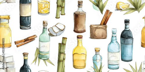 Assorted Rum Bottles, Sugarcane, and Spices Watercolor Seamless Pattern. Tropical Spirit, Beverage Ingredient Design for textile, packaging, fabric, wallpaper, branding, wrapping paper interior decor
