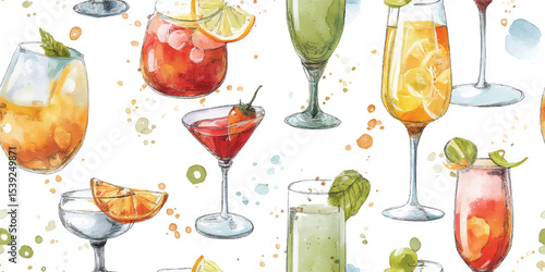 Classic Cocktails, Margaritas, Cosmopolitans Watercolor Seamless Pattern. Drinks, Elegant Barware Design for textile, packaging, fabric, wallpaper, branding, stationery, wrapping paper interior decor