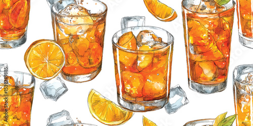 Iced Tea with Orange Slices and Ice Cubes Watercolor Seamless Pattern. Summer Drink and Beverage Design for textile, packaging, fabric, wallpaper, branding, stationery, wrapping paper interior decor