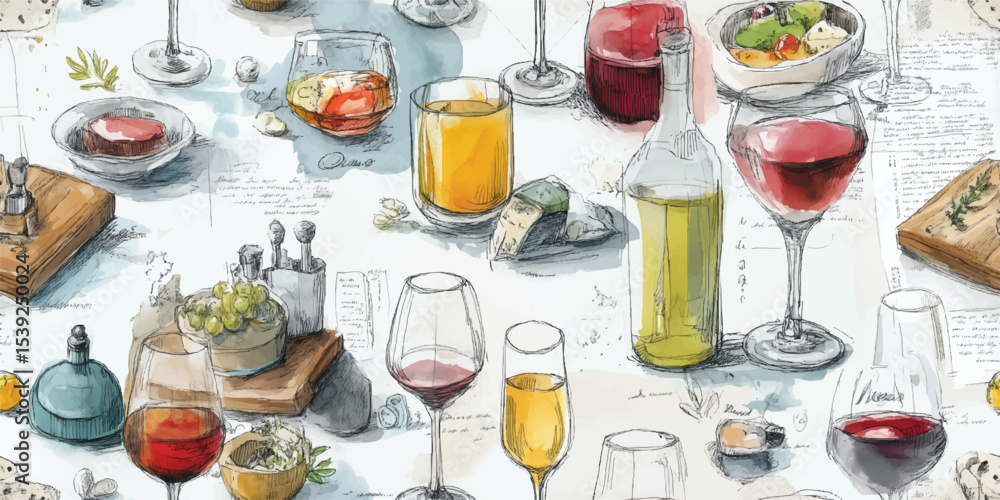 Gourmet Wine and Food Pairings Watercolor Seamless Pattern. Elegant Culinary Delights, Fine Dining Design for textile, packaging, fabric, wallpaper, branding, stationery, wrapping paper interior decor