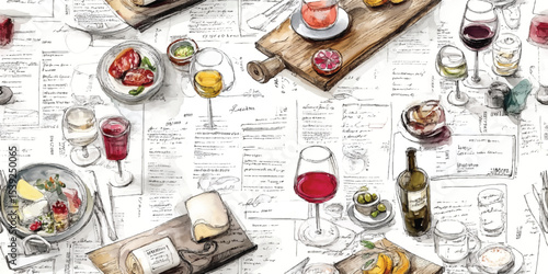 Gourmet Wine and Food Pairings Watercolor Seamless Pattern. Elegant Culinary Delights, Fine Dining Design for textile, packaging, fabric, wallpaper, branding, stationery, wrapping paper interior decor