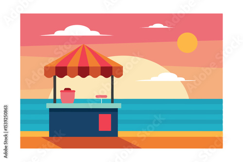 Sunset Beach Snack Shack Idyllic Oceanside Food Stand Illustration