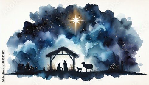 Watercolor christmas nativity scene with star of bethlehem art