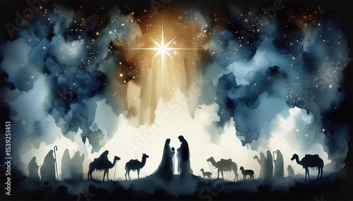Nativity scene christmas story watercolor painting illustration