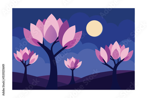 Night Bloom Abstract Landscape with Stylized Pink Trees under Moonlit Sky