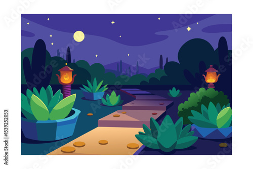 Enchanted Desert Night Garden A Serene Moonlight Path