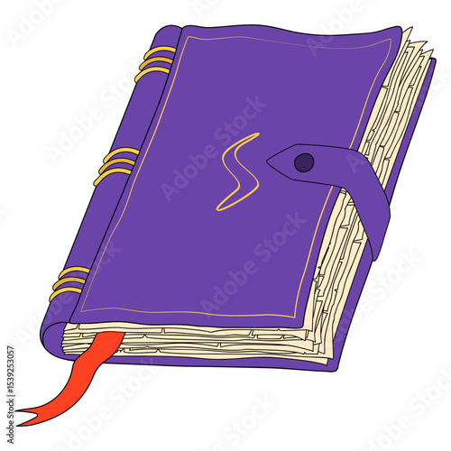 Closed antique book with purple cover, worn pages and red bookmark. Vector illustration for education, publishing house, bookstore.