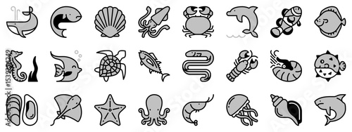 Icons in two tones about sea animals. Sea world.