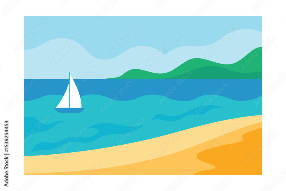 Naklejka premium Serene Seascape Sailboat on Calm Ocean Beach Scene