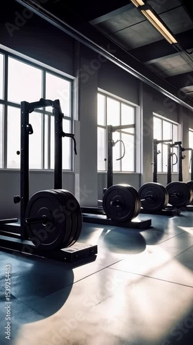 Weightlifting gym interior showing lifting stations and heavy plates equipment with natural light pouring in through windows.