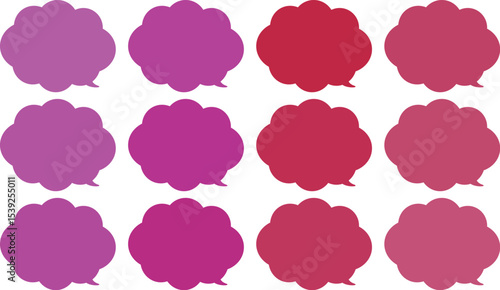 All the bubbles have a distinctive, rounded, cloud-like, or scalloped edge design. This vector image features twelve speech bubbles.