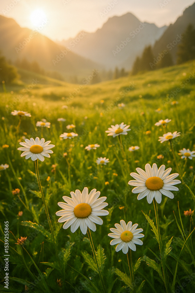 Obraz premium Alpine European Daisies in Bloom at Sunset