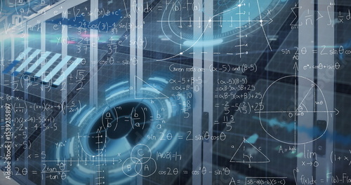 Fotografia Displaying holographic interface with math formulas on glass panels in lab, with