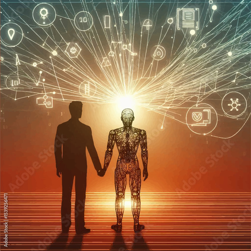 A silhouette of a human and a projection of a cyborg holding hands as a symbol of the symbiosis of accumulated knowledge of mankind and innovative ideas from AI. Vector graphics. EPS.