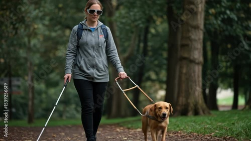 Blind woman with dark sunglasses and a grey hoodie walking with a guide dog in a park on a sunny day. Footage.