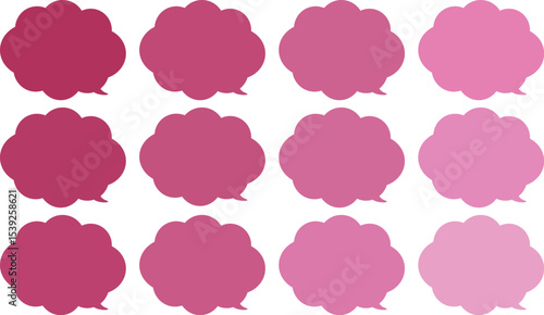 All the bubbles have a distinctive, rounded, cloud-like, or scalloped edge design. This vector image features twelve speech bubbles.
